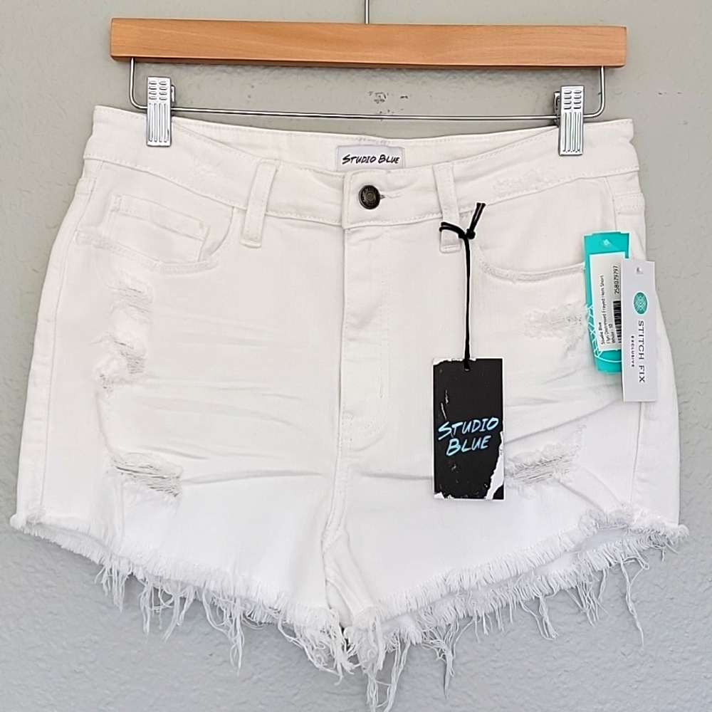 White Studio Blue Flyn Distressed Frayed Hem Short